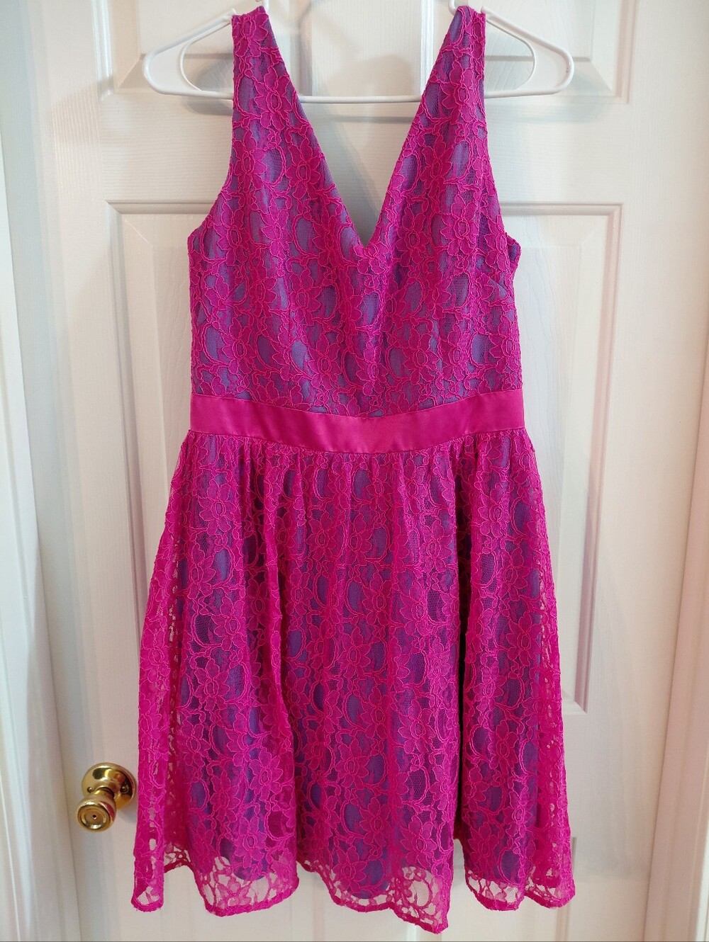 Adrianna Papell Fuchsia Lace V-Neck Cocktail Dress